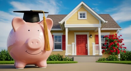 Pink piggy bank with graduation cap in front of a yellow house