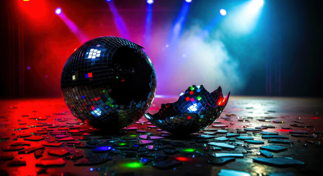 A cracked disco ball reflecting colorful stage lights on a confetti covered floor silhouette - Powered by Adobe