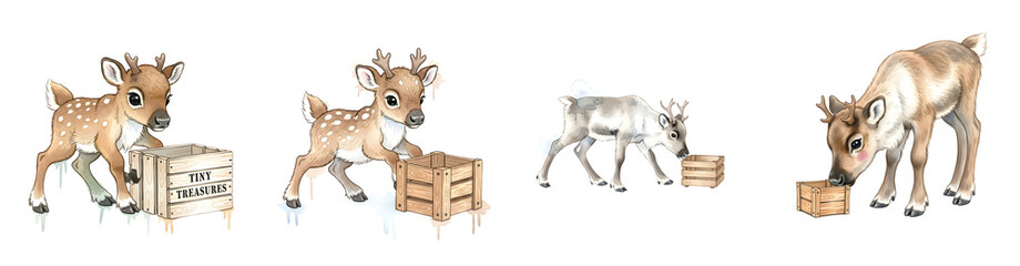 Four Adorable Deer And Reindeer Fawns Interact With Wooden Crates Isolated On A Transparent Background Transparent Background