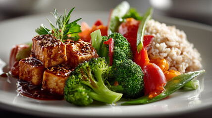 vibrant plate of tofu stir fry with broccoli, bell peppers, and cherry tomatoes, garnished with sesame seeds and herbs, served alongside portion of brown rice