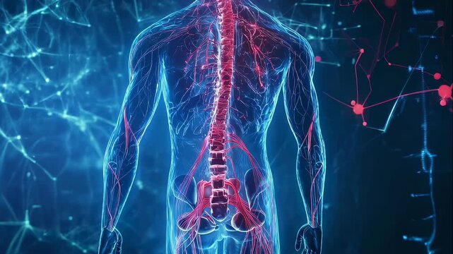 Human body nerve system, plexus structure with neurons and spinal cord in motion, medical concept for brain, neural network - Powered by Adobe