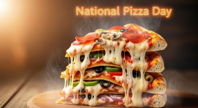 A towering stack of delicious pizza slices, dripping with melted cheese, celebrating national pizza day with a warm, inviting glow