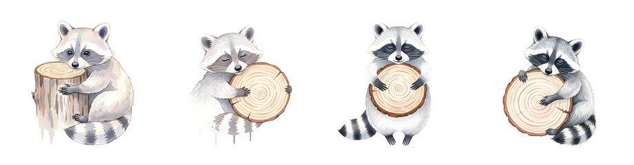 Four watercolor raccoons interacting with wooden elements isolate wildlife