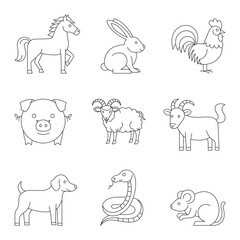 Black Outline Chinese Zodiac Animals Vector Collection. Horse, Rabbit, Rooster, Pig, Sheep, Goat, Dog, Snake, Mouse. Minimal Line Art