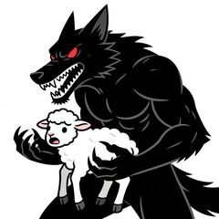 Obraz premium Black wolf holding white lamb, cartoon vector illustration, isolated