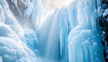 A majestic frozen waterfall cascades down rocks covered in thick ice and snow, creating a breathtaking winter landscape.