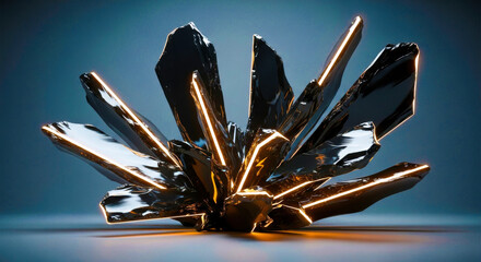 Abstract dark crystal formation with glowing orange light streaks silhouette