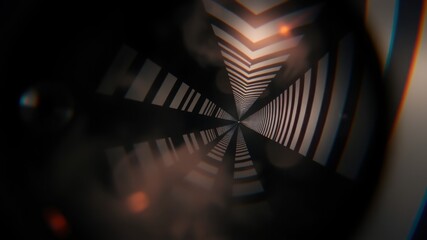Abstract geometric pattern with lens flare and dark background.