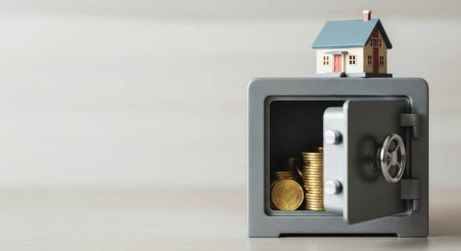 Miniature house on safe with gold coins representing real estate investment