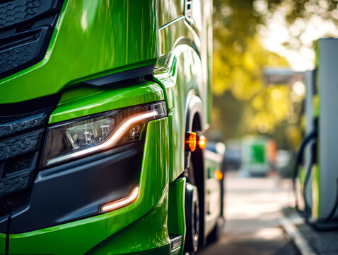Close-up of a vibrant green electric truck charging station in an outdoor setting