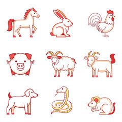 Chinese Zodiac Animals Vector set. Horse, Rabbit, Rooster, Pig, Sheep, Goat, Dog, Snake, Mouse. Red and White Outline