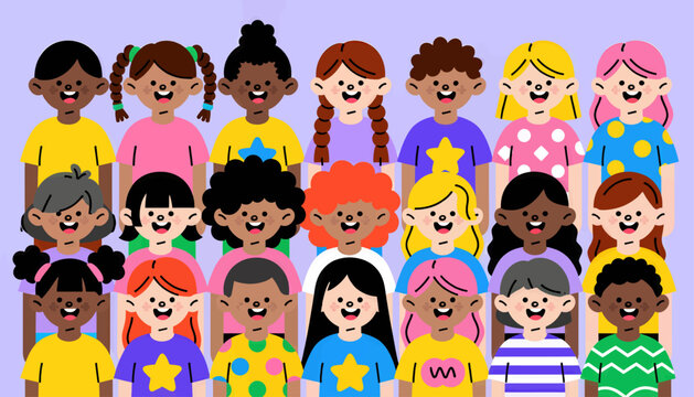 Colorful diverse children vector illustration, flat design, group portrait