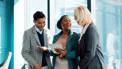 Laughing, business people or lawyer in office with tablet for advocacy, legal talk or manager...
