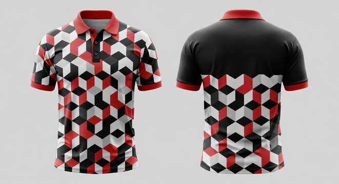 Digital sublimation polo t-shirt mockup, geometric isometric cube pattern design in red white and black, abstract sporty athletic team jersey apparel template. - Powered by Adobe