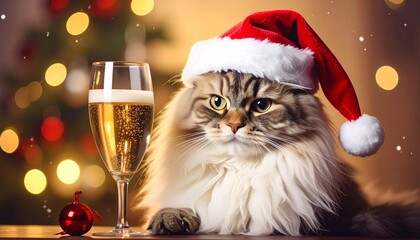 A tabby cat in Santa hat holding a champagne flute near a decorated Christmas tree with falling snow.