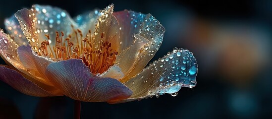 Dew-kissed, translucent petals of a delicate flower, close-up with bokeh