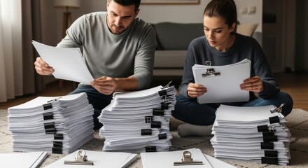 Young adults reviewing documents in home office setting