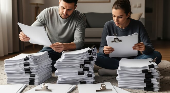 Young adults reviewing documents in home office setting