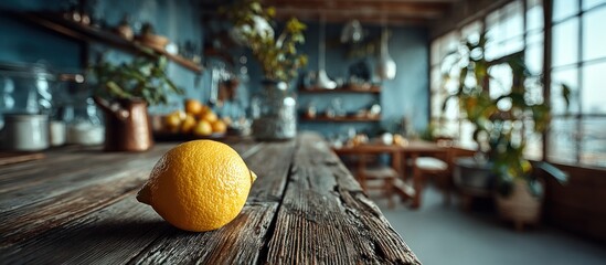 A lemon sits on a rough wooden table in a sunlit, rustic kitchen