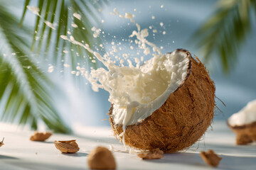 Fresh coconut with a splash of milk or juice surrounded by tropical leaves and shells on a sunny surface creating a vibrant summer scene