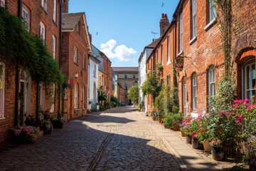 Fototapeta premium Charming Cobblestone Street with Colorful Flowers in Historic Town