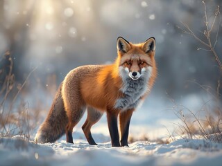 雪の森でこちらを見つめるキツネのイラスト