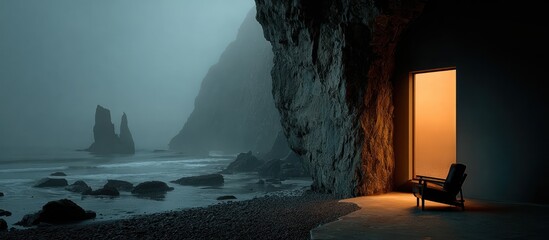 A coastal scene with a chair in a lit alcove by a moody sea