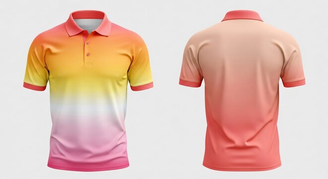 Digital sublimation polo t-shirt mockup, vibrant horizontal color gradient stripe design, blending orange yellow and pink shades, stylish summer casual apparel clothing template.