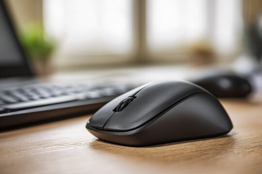 Sleek black wireless computer pointing device placed on wooden desk surface with blurred keyboard and natural light background in modern workspace environment