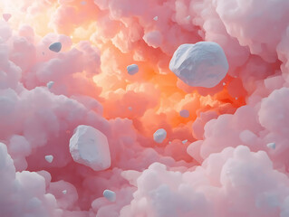 Whimsical clouds and floating celestial objects in a soft pastel gradient
