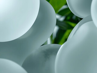 Soft focus translucent spheres and bubbles against blurred green foliage