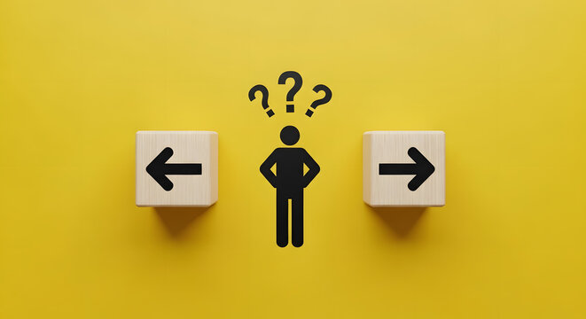 Decision making and choosing the right path. Confusion about deciding which direction to go. Stickman with question marks standing in between the wooden cubes with arrow symbols.
