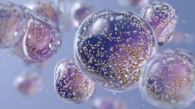 Vitamin Coenzyme Q10 capsule dissolving into energized particles around human body cells, realistic biological animation with warm lighting