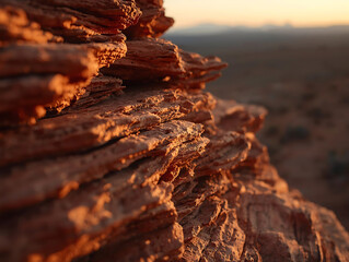 Layered desert rock formation glowing in warm golden hour sunlight.