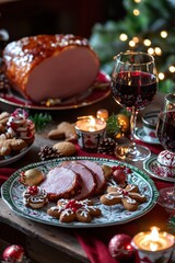 A festive Christmas table spread with roast ham, gingerbread cookies, and mulled wine