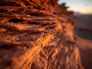 Warm golden light illuminates layered red rock formations in arid desert landscape