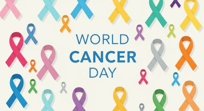 World cancer day awareness with colorful ribbons representing different types of cancer, promoting support and unity for patients and survivors