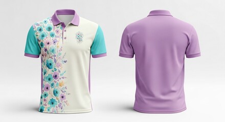 Digital sublimation polo t-shirt mockup, soft watercolor floral border pattern design on white, light purple and mint colors, elegant feminine casual apparel template.