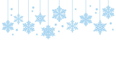 Blue snowflake garland on white background. Snow banner, vector snowflake decorative header, winter holiday design with copy space