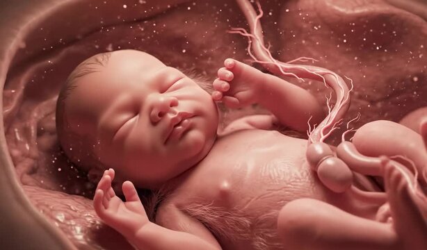 Developed 8-9 Month Fetus in Mother's Womb, 3D Graphics, Human Development Concept, Pregnancy