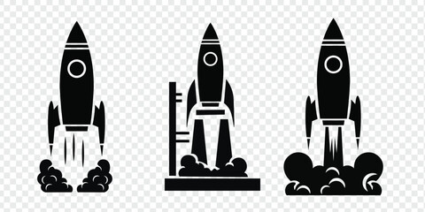 Monochrome rocket launch icons set. three distinct graphic silhouettes illustrating startup, innovation, progress, growth, and space exploration concepts.
