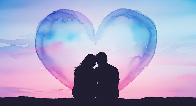 Silhouette couple under watercolor heart on gradient sky, love and romance - Powered by Adobe