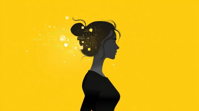 Woman's thoughtful mind, digital ideas on yellow background - Powered by Adobe