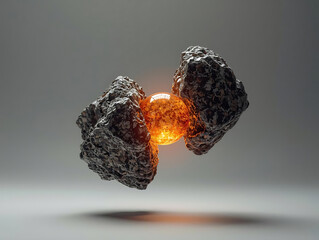 Glowing orange sphere suspended between two rough cosmic rock fragments.