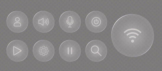 Collection of transparent glass button icons for user interface design, featuring various symbols and functions isolated on