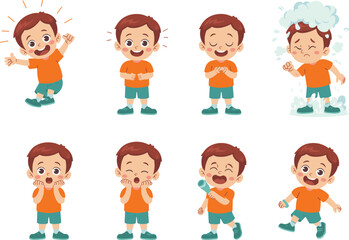 Cute cartoon boy showing various emotions in multiple poses, children emotion illustration set, expressive character design for education and learning visuals