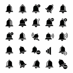 Bell icons collection notification symbols and alerts, new message sign, sound off, and volume settings