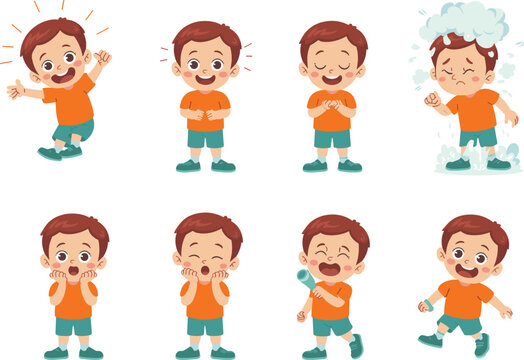 Cute cartoon boy showing various emotions in multiple poses, children emotion illustration set, expressive character design for education and learning visuals