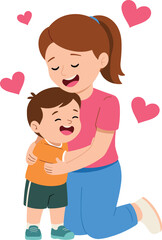 Loving mother hugging happy child in warm family moment, expressing affection, care, bonding, parenthood, emotional connection, joyful parenting illustration