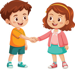 Cute cartoon boy and girl shaking hands with happy expressions, showing friendship, communication, cooperation, teamwork, and positive social interaction for children’s illustrations